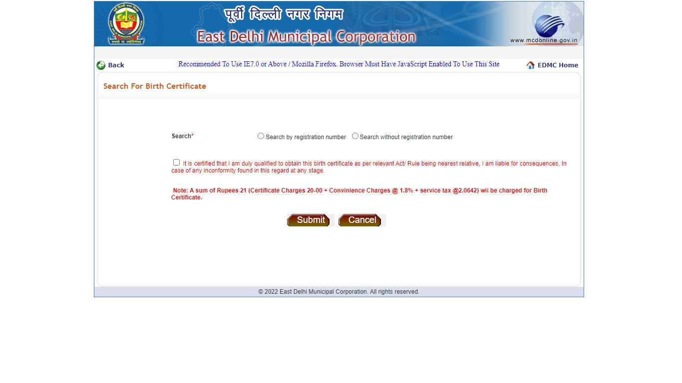 Search For Birth Certificate - Municipal Corporation of Delhi